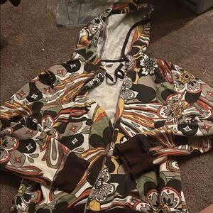 Cato 70s Flower Power Zip-Up Hoodie - Green, Brown, Orange, Yellow, Cream